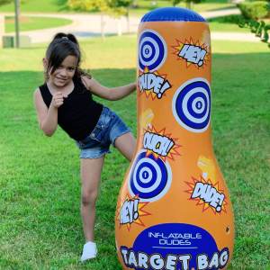 Girl kicking Inflatable Dudes® Double Sided Target Bag