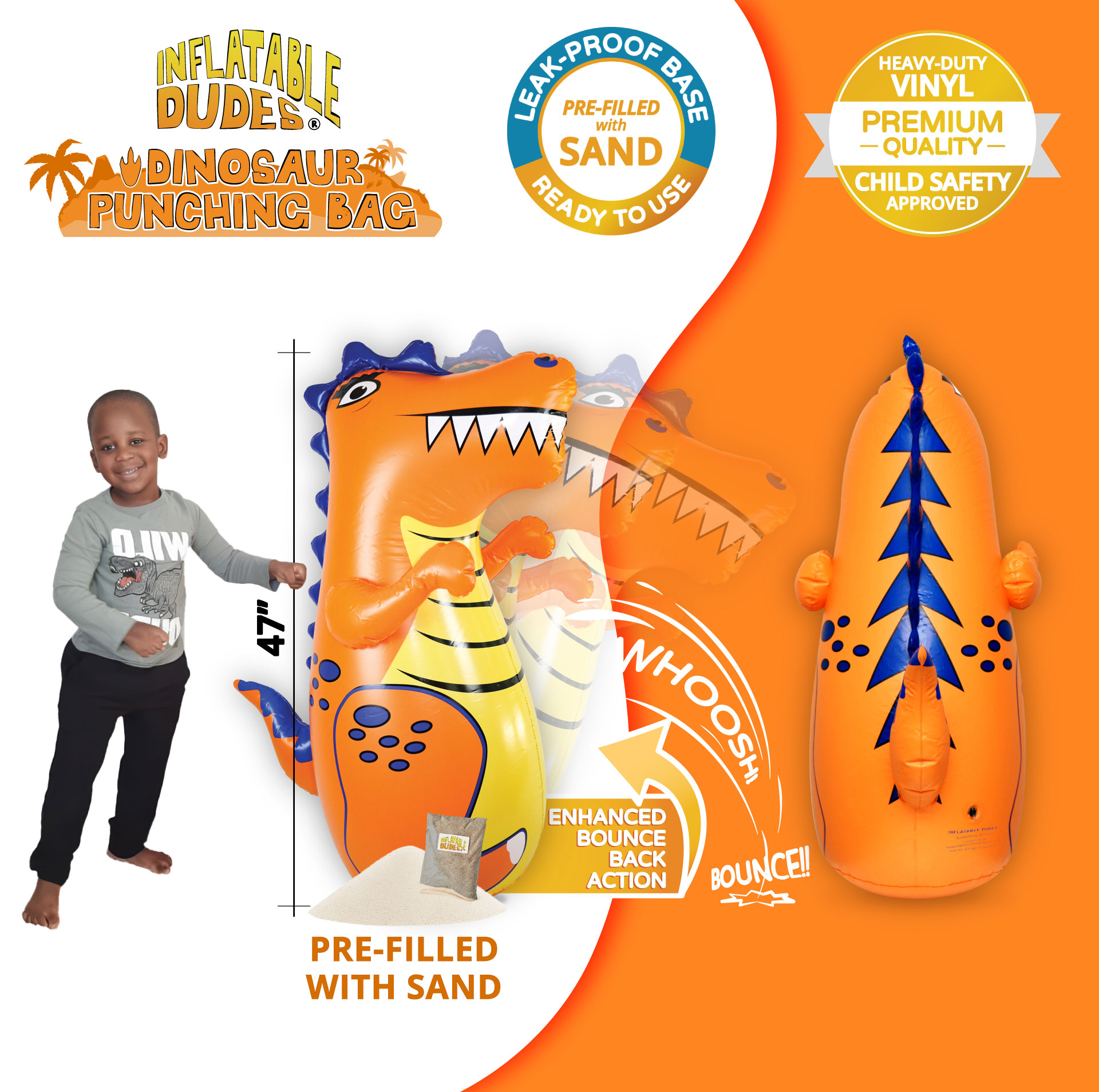 Dinosaur T-Rex inflatable REX kids punching bag features.