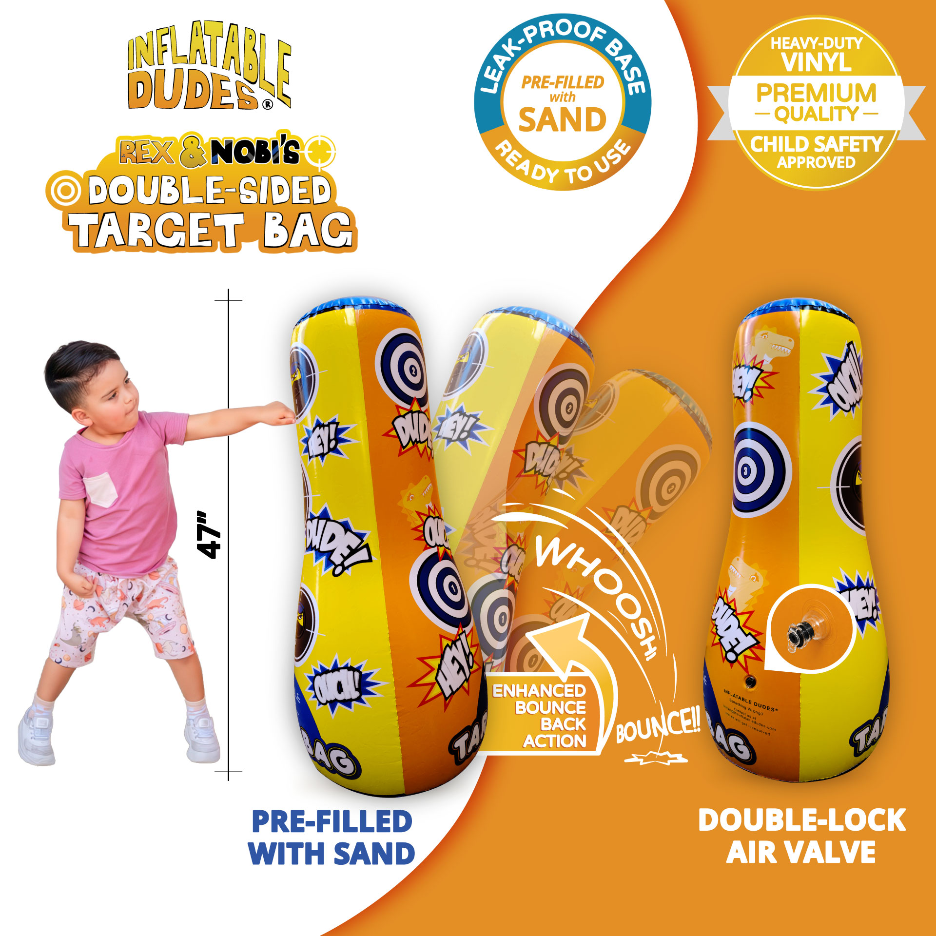Dinosaur and Ninja inflatable REX/NOBI kids target bag features.