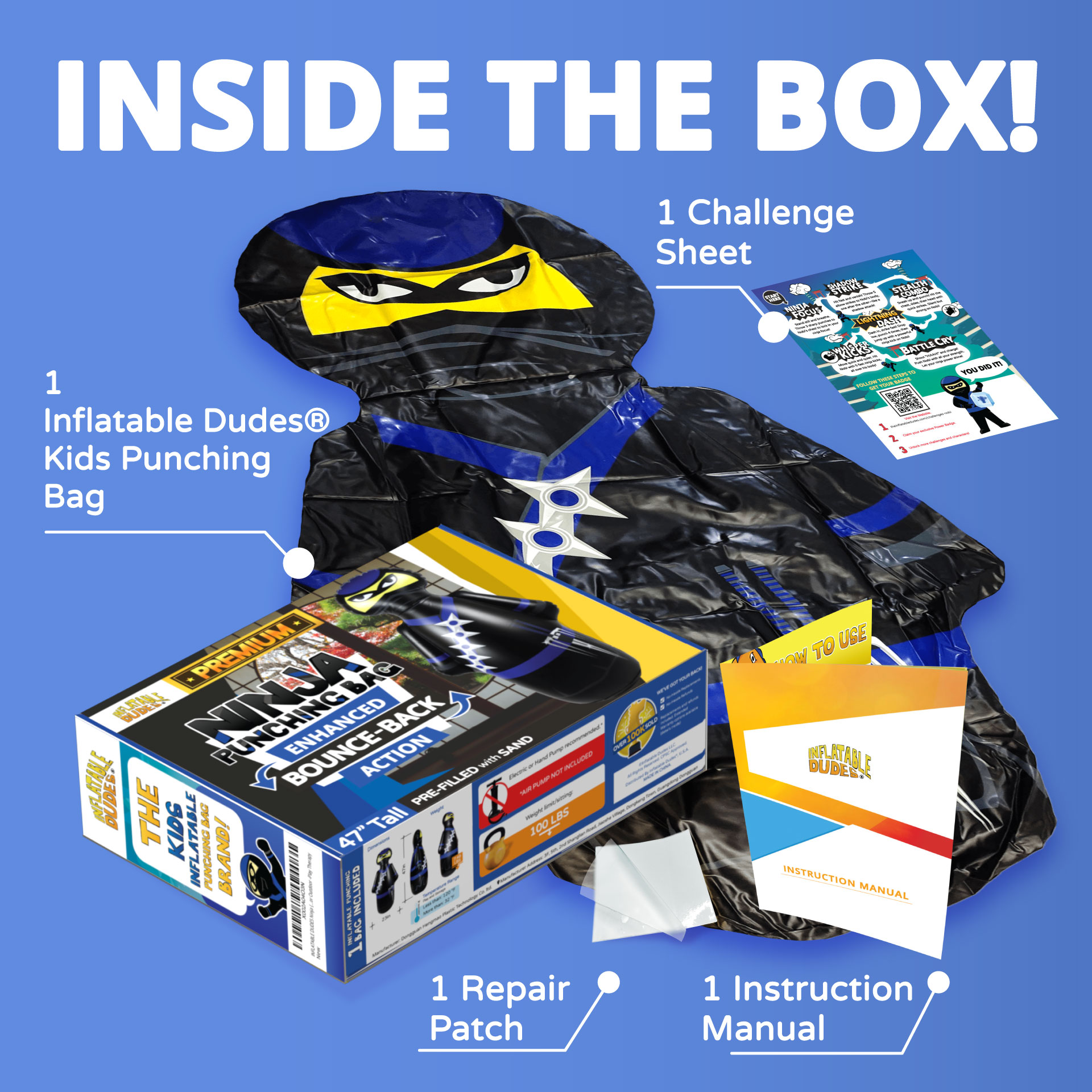 Ninja Inflatable Dudes® NOBI kids punching bag packaging.