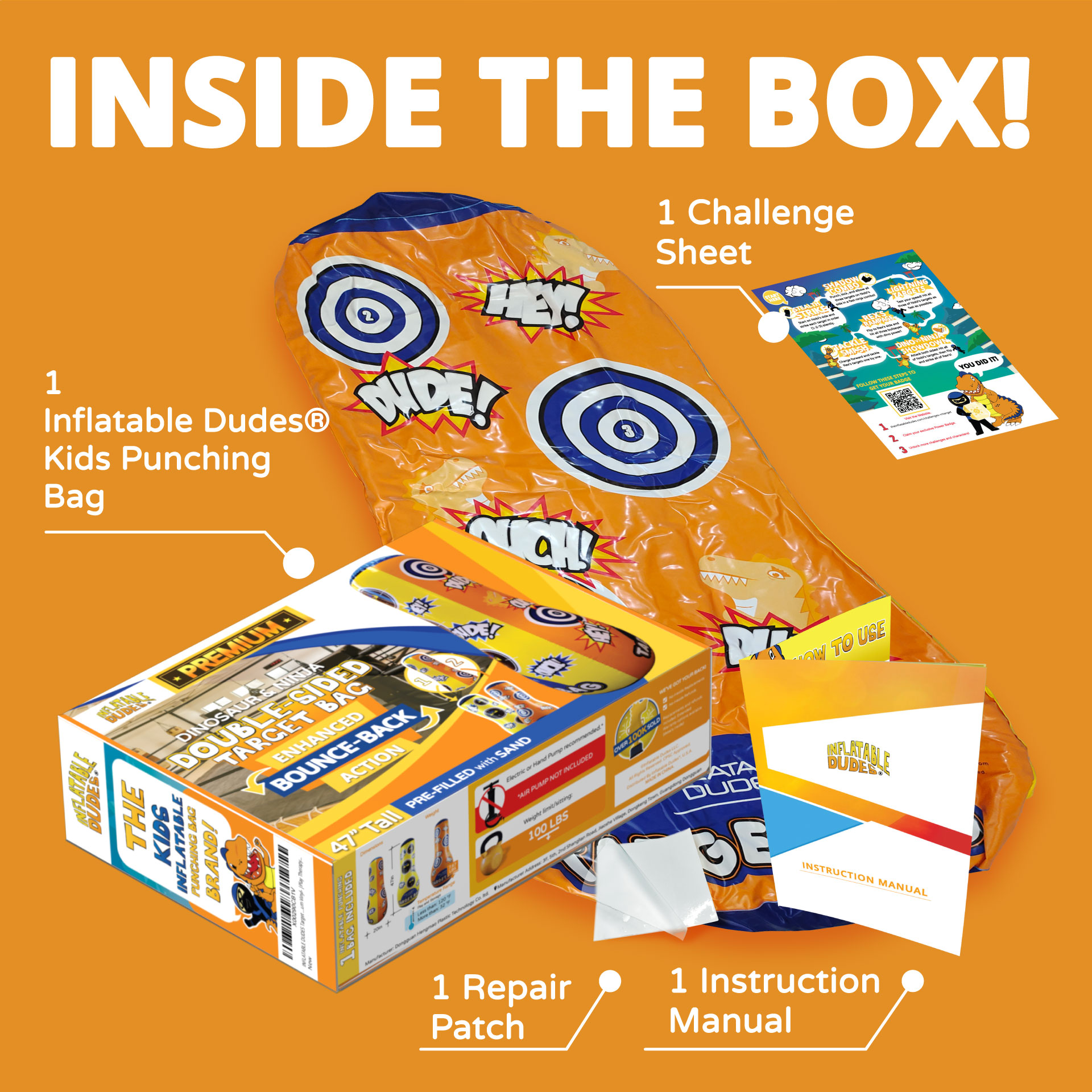 REX the T-Rex and NOBI the Ninja Inflatable Dudes® double sided REX/NOBI kids target bag packaging.
