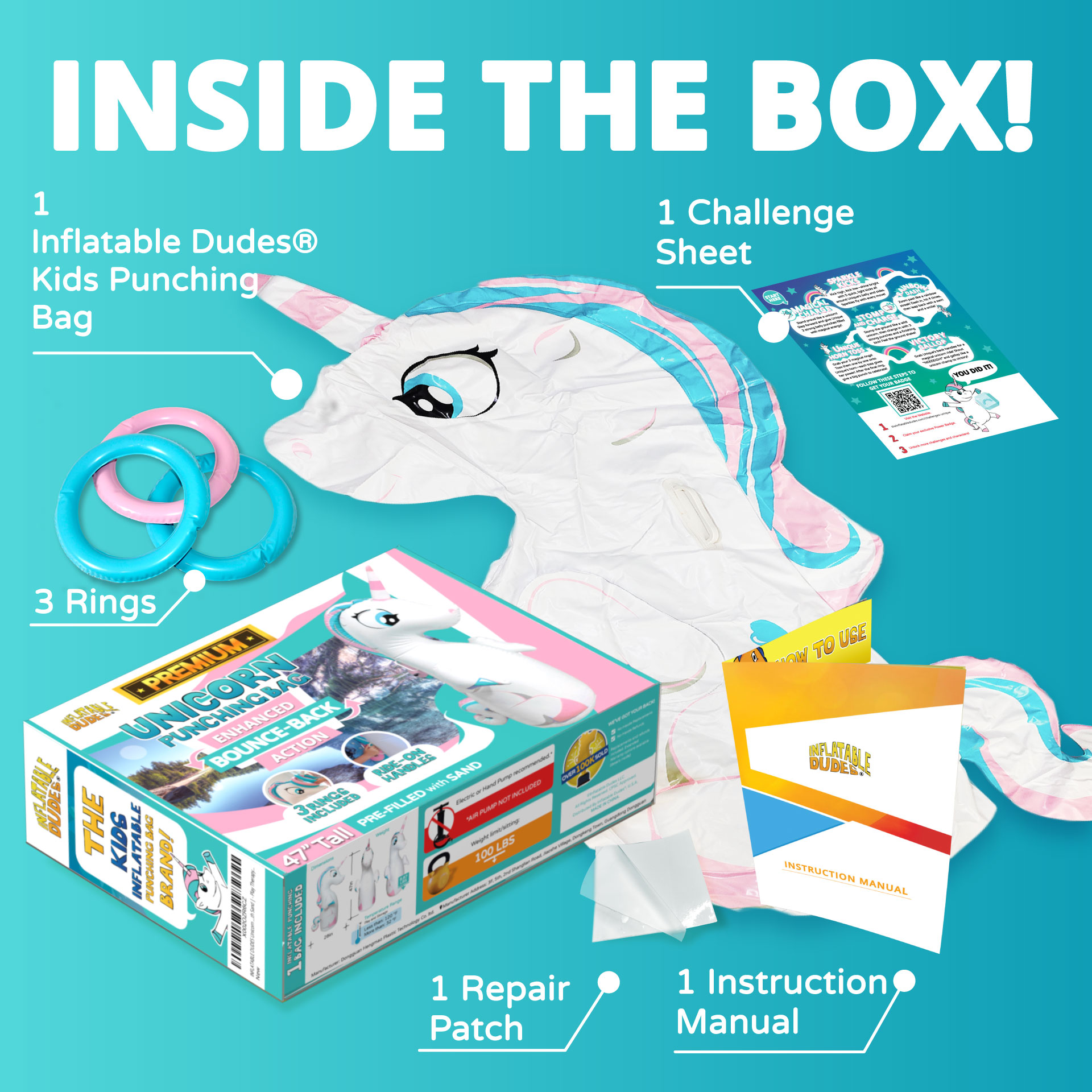 Unicorn Inflatable Dudes® UNIQUE punching bag packaging.