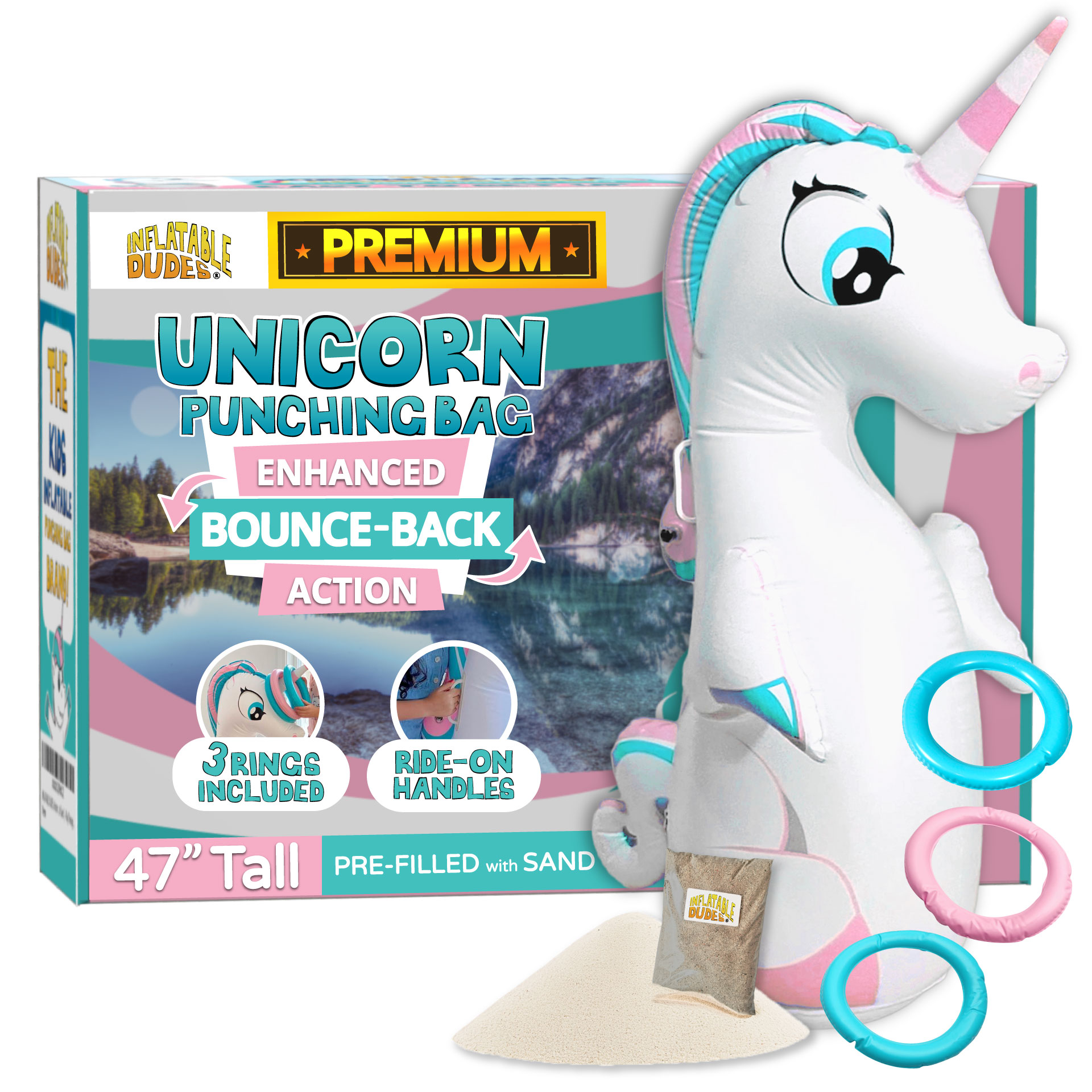 Unicorn Inflatable UNIQUE kids punching bag and ring toss.