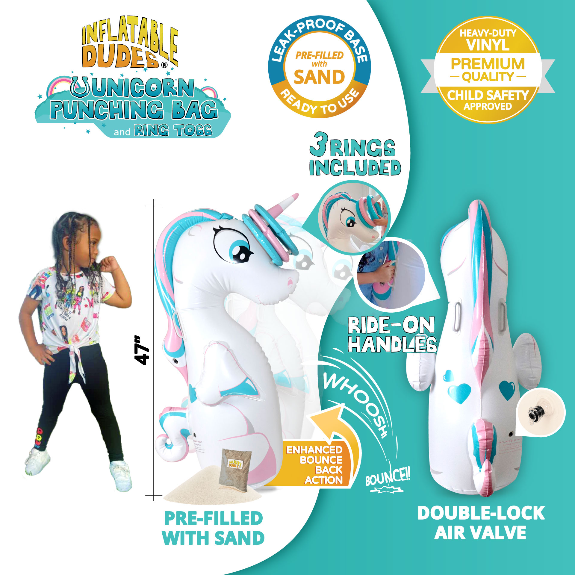 Unicorn inflatable UNIQUE kids punching bag features.